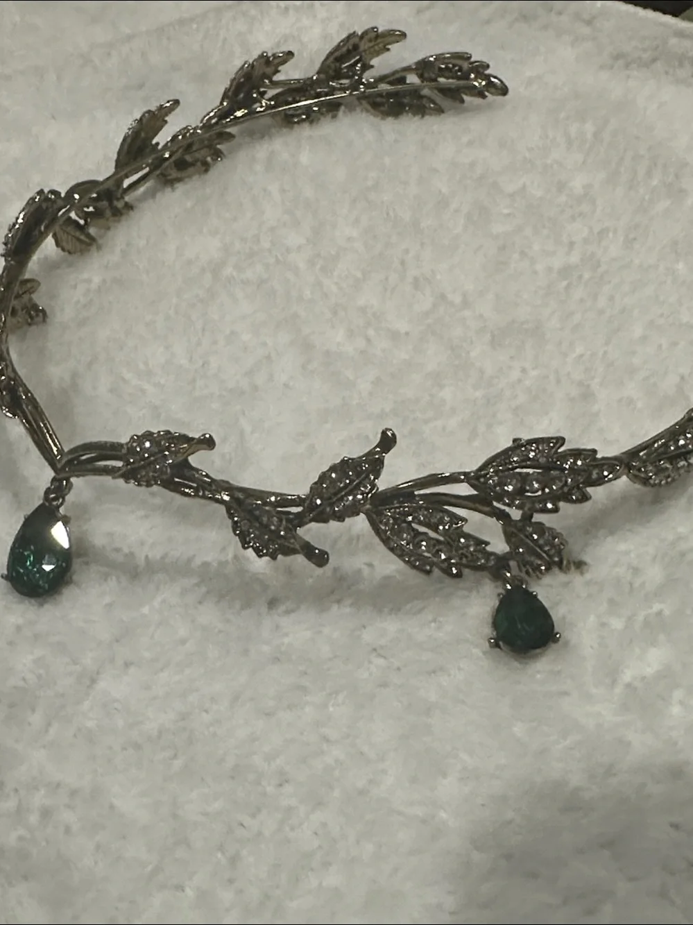Octavia’s Crystal Drop Head Band in Antique Gold & Green Crystal